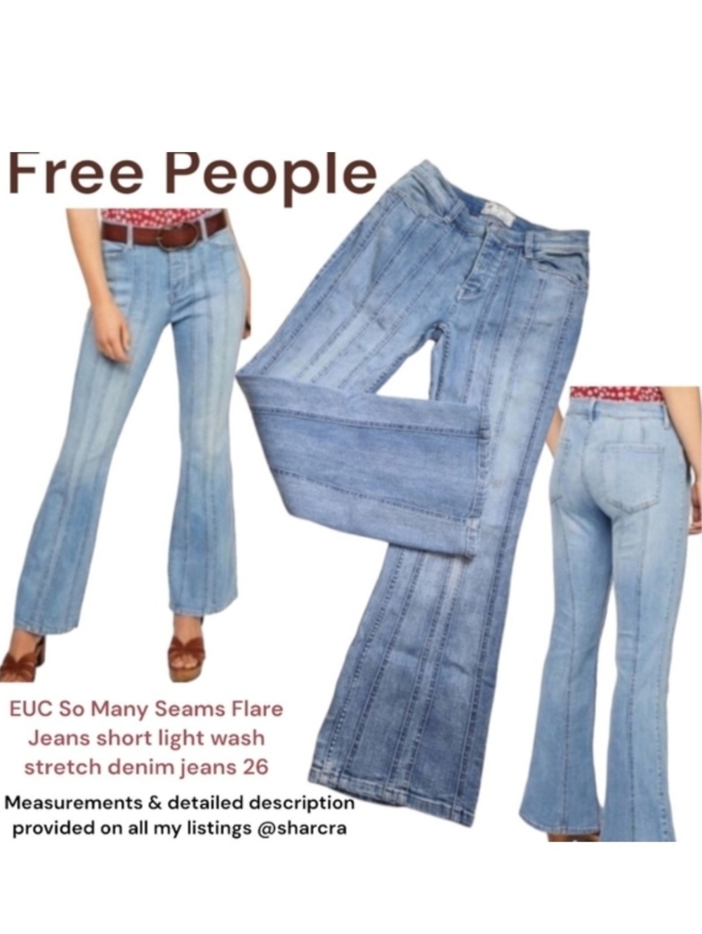 Free People So Many Seams Women's Flare Blue Jeans short OB827489 denim jeans 26